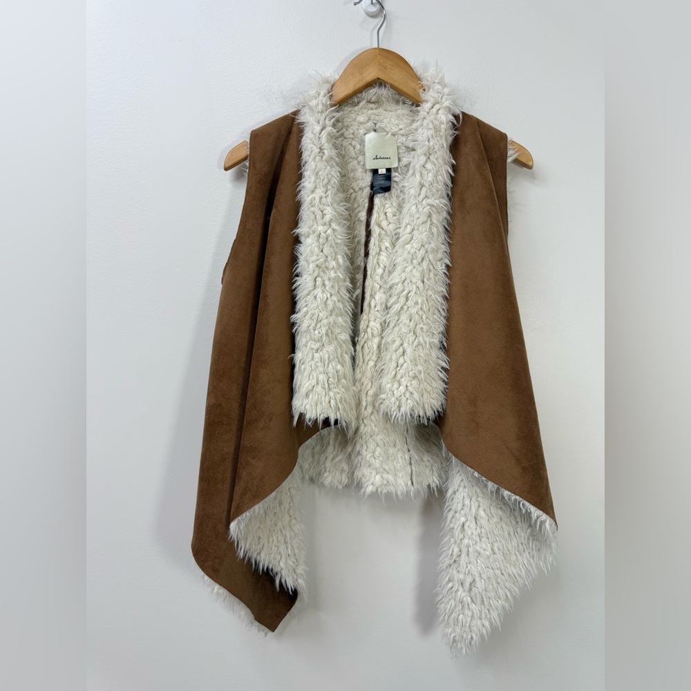 Elevenses Anthropologie Faux Suede Sherpa Lined Draped Open Front Vest size L - Picture 3 of 7